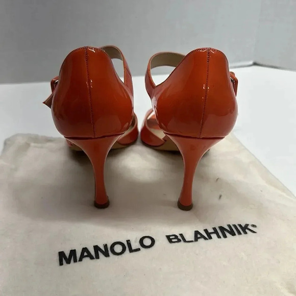 Manolo Blahnik High Heel Shoes Patent Leather Ankle Strap Orange Open Toe 36 - Picture 4 of 11